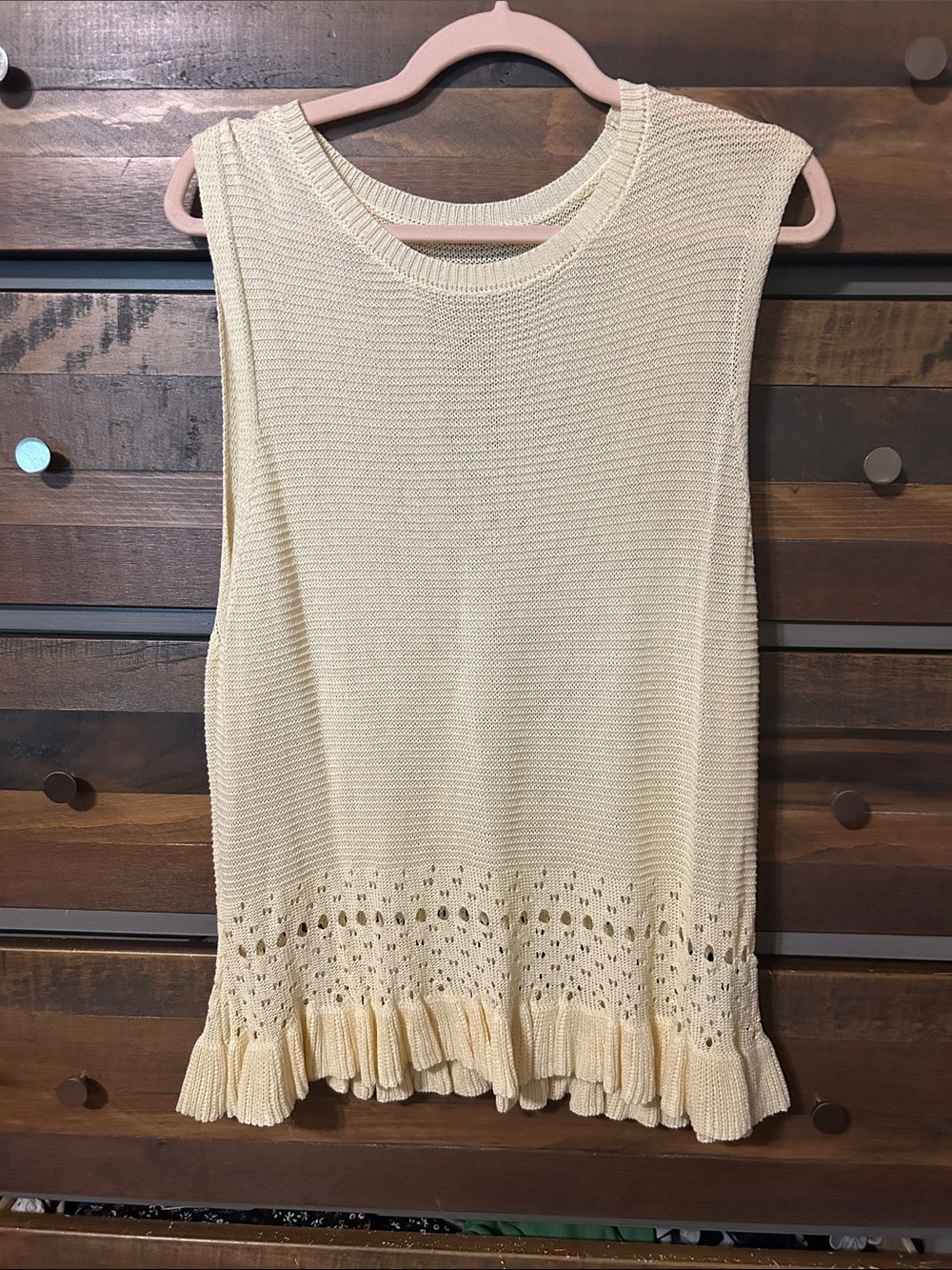 SHEIN Cream Knit Ruffled Eyelet Hem Sleeveless Tank